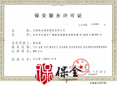 云南保全保安服務有限公司資質